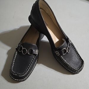 Dickers Women's Black Leather Loafers Slip On Size 9M With Silver Details
